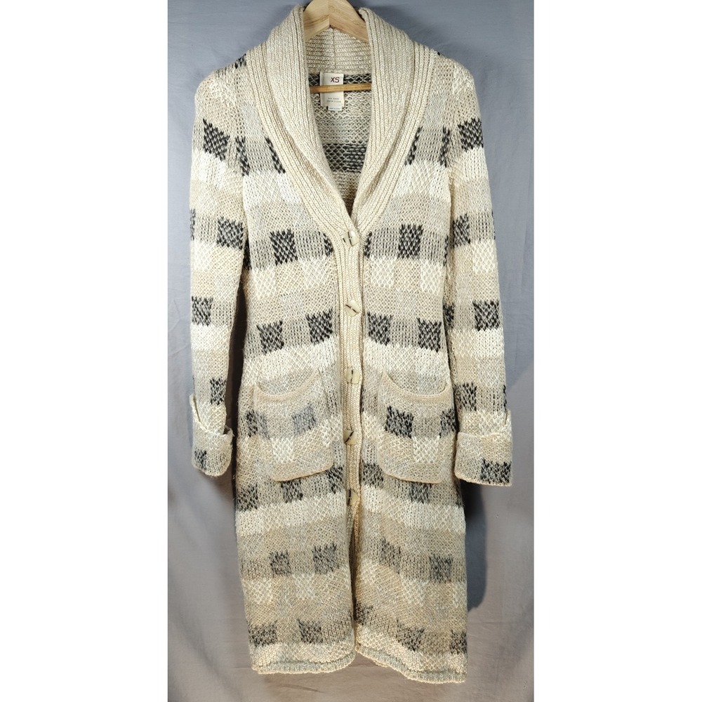 Far Away From Close Anthropologie Cardigan XS Mohair Longline Button Beige Plaid
